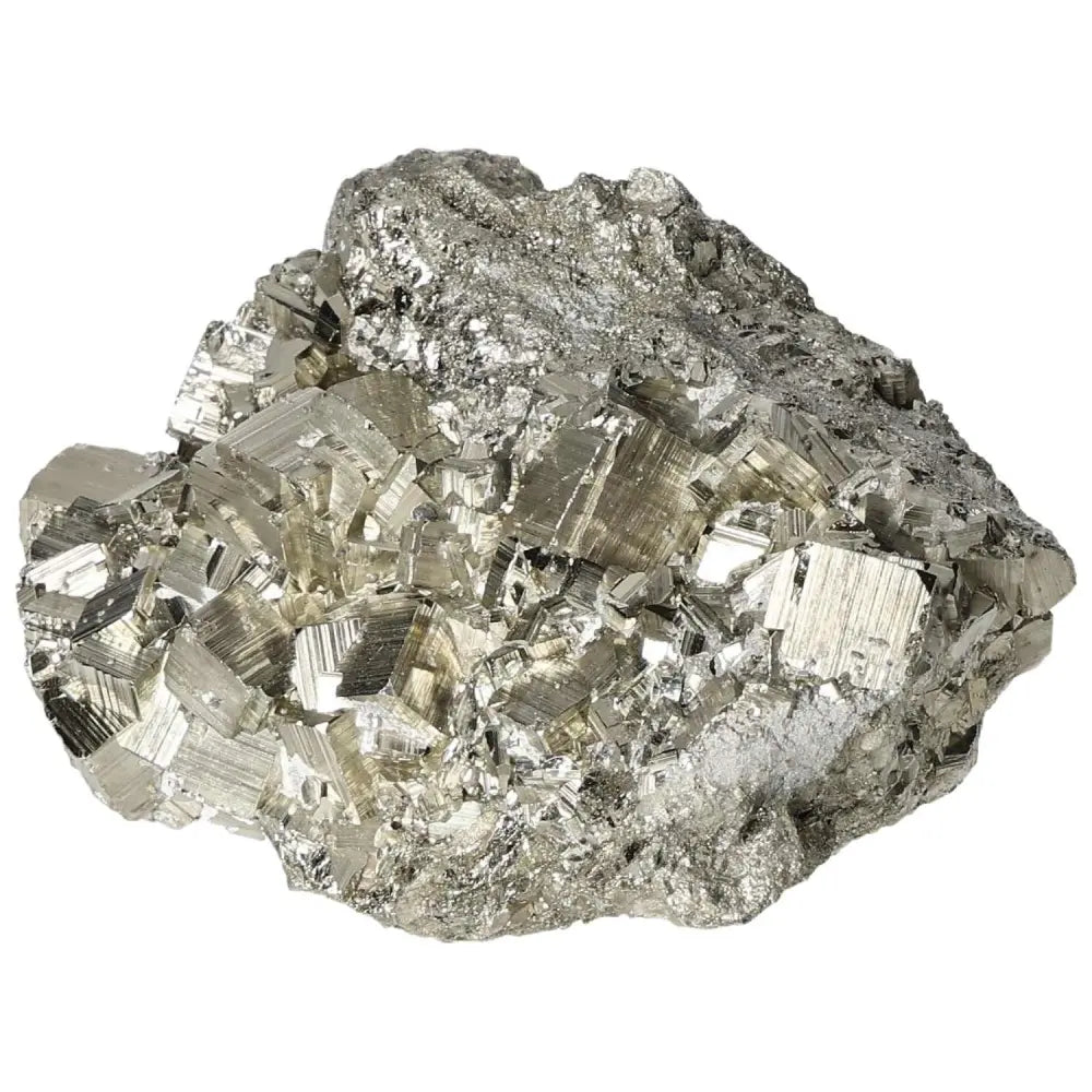 Close-up of a superior quality pyrite cluster with geometric cubic formations and metallic luster.