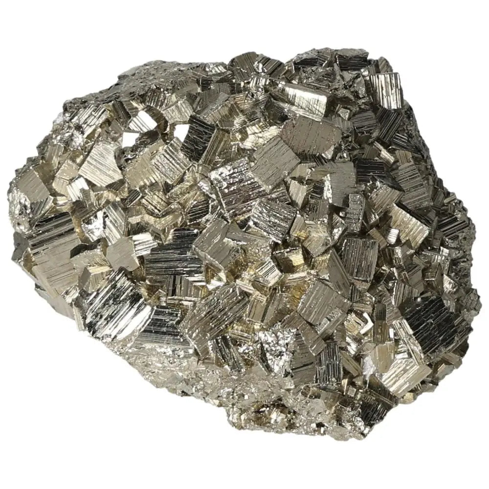 Superior quality pyrite cluster with geometric formations exhibiting metallic luster, showcasing natural cubic structures.