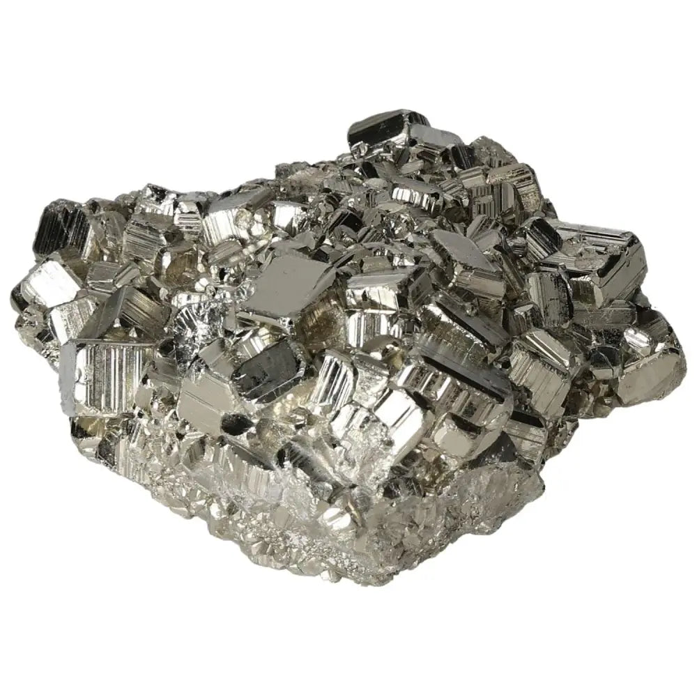 Superior quality pyrite cluster with metallic luster and geometric formations, showcasing natural cubic details and shimmering brilliance.