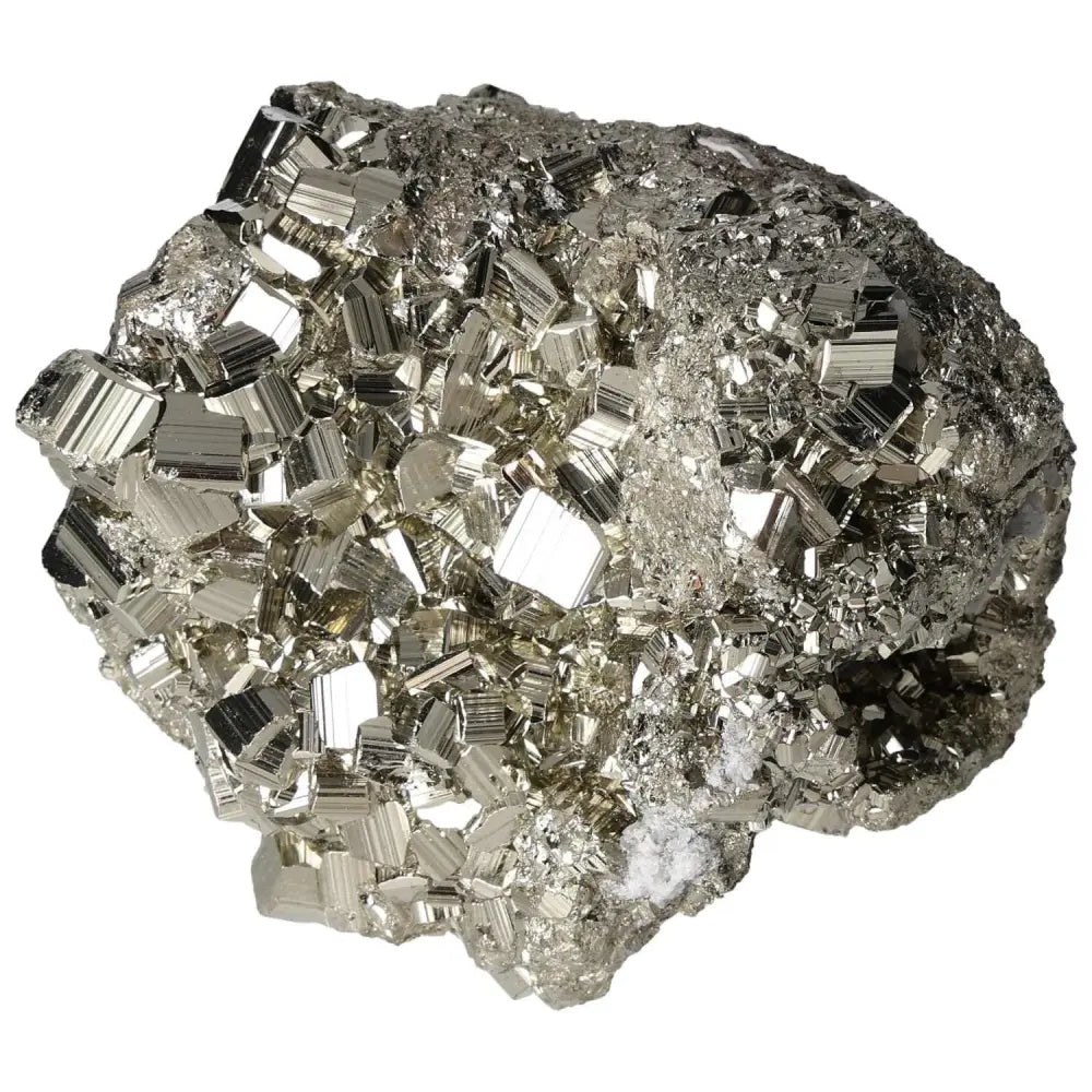 Superior quality pyrite cluster with cubic formations and metallic luster, showcasing geometric brilliance and natural elegance.
