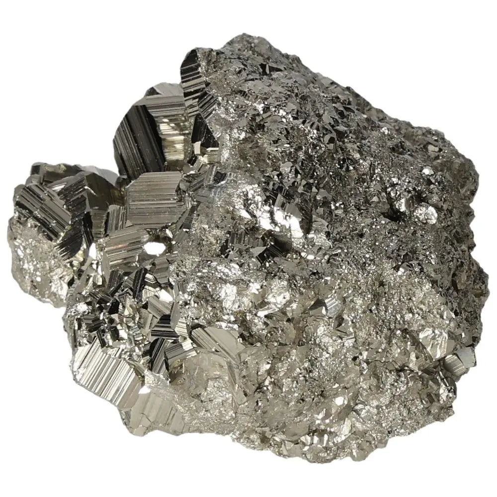 Shimmering pyrite cluster with geometric formations and metallic luster, showcasing superior quality and natural elegance.