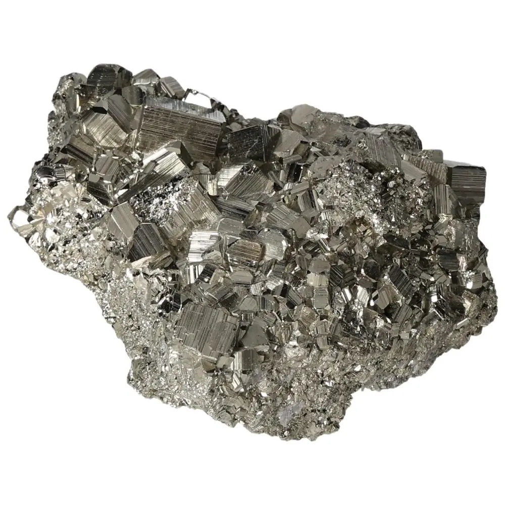 Superior Quality Pyrite Cluster with metallic luster and geometric formations, showcasing natural cubic brilliance and sculptural detail.