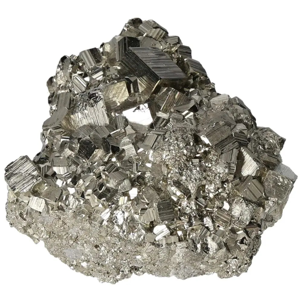 Superior Quality Pyrite Cluster with natural cubic formations and metallic luster, showcasing geometric brilliance and intricate detail.