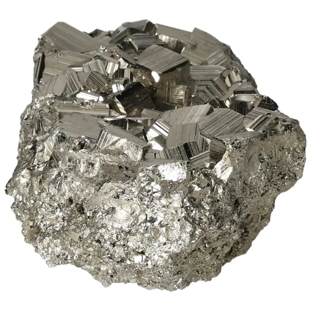 Superior Quality Pyrite Cluster with geometric formations and metallic luster.