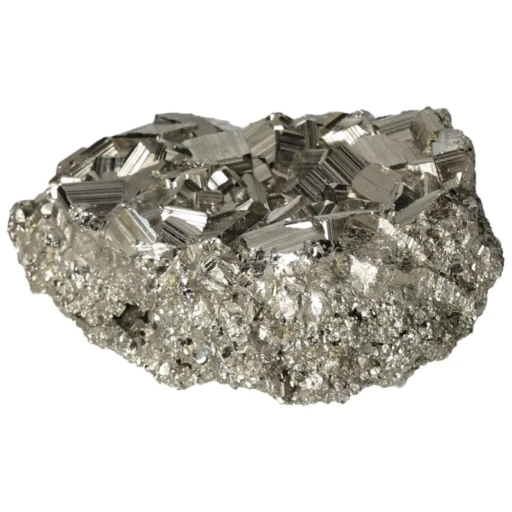 Superior quality pyrite cluster with cubic formations and metallic luster, showcasing geometric brilliance in natural mineral form.