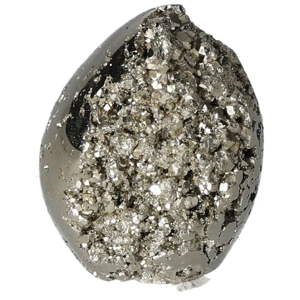 Superior quality pyrite egg showcasing geometric cubic formations and metallic luster, sourced from premium deposits.