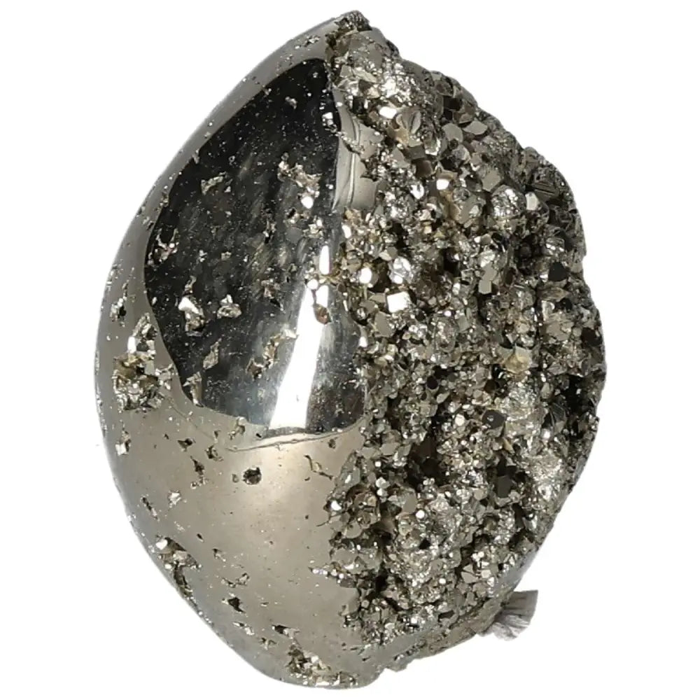 Superior Quality Pyrite Egg with shimmering geometric clusters, showcasing metallic luster and intricate natural formations.