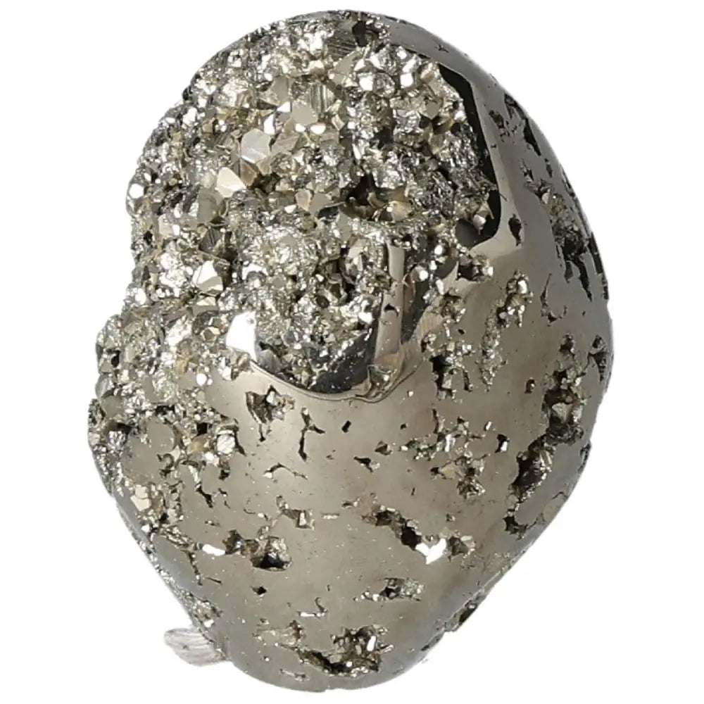 Superior quality pyrite egg with shimmering cubic formations and metallic luster, showcasing geometric brilliance and natural elegance.