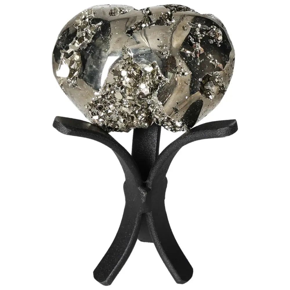 Superior quality pyrite heart with natural geometric formations and metallic luster on a black stand.