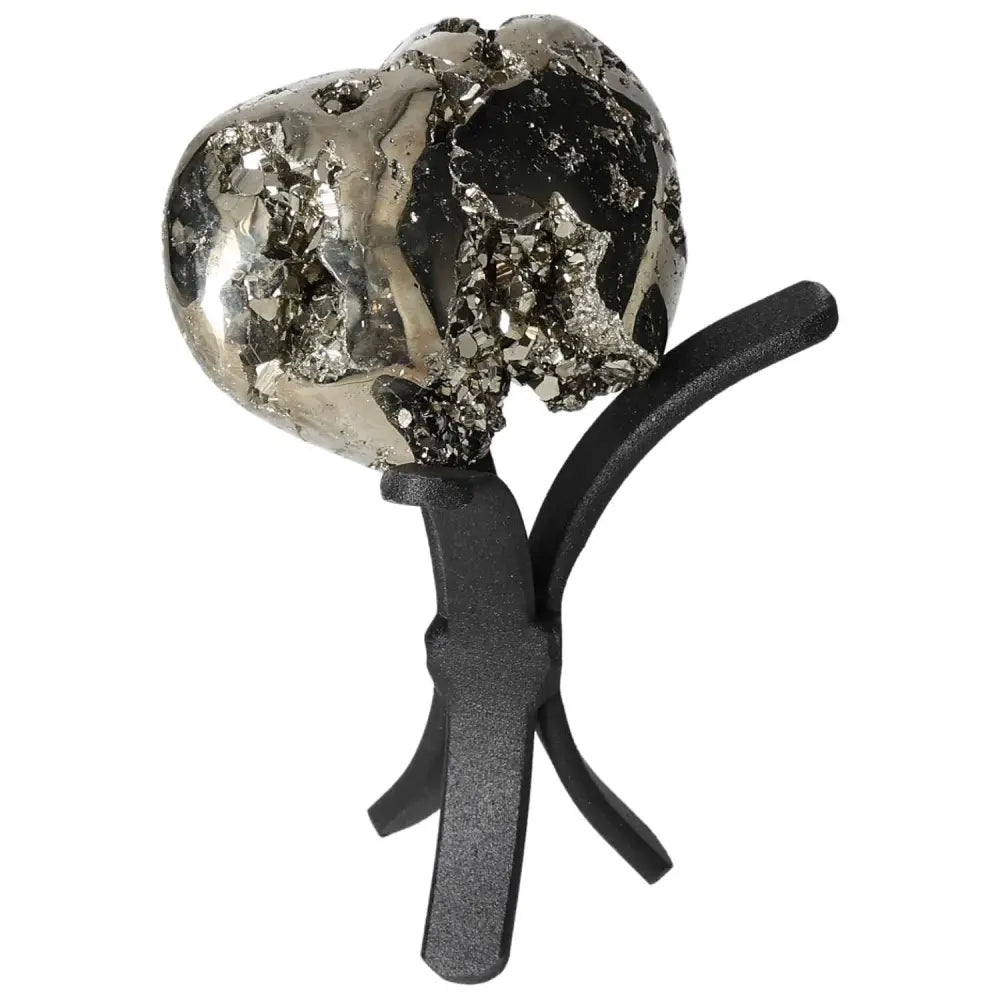 Superior quality pyrite heart cluster with metallic luster and geometric formations displayed on a stand.
