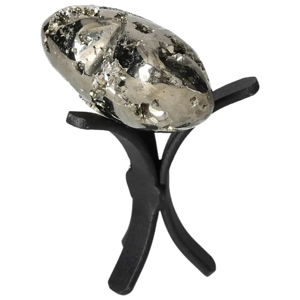 Superior Quality Pyrite Heart showcasing metallic luster, perched on a black stand, geometric cubic formations, shimmering elegance.