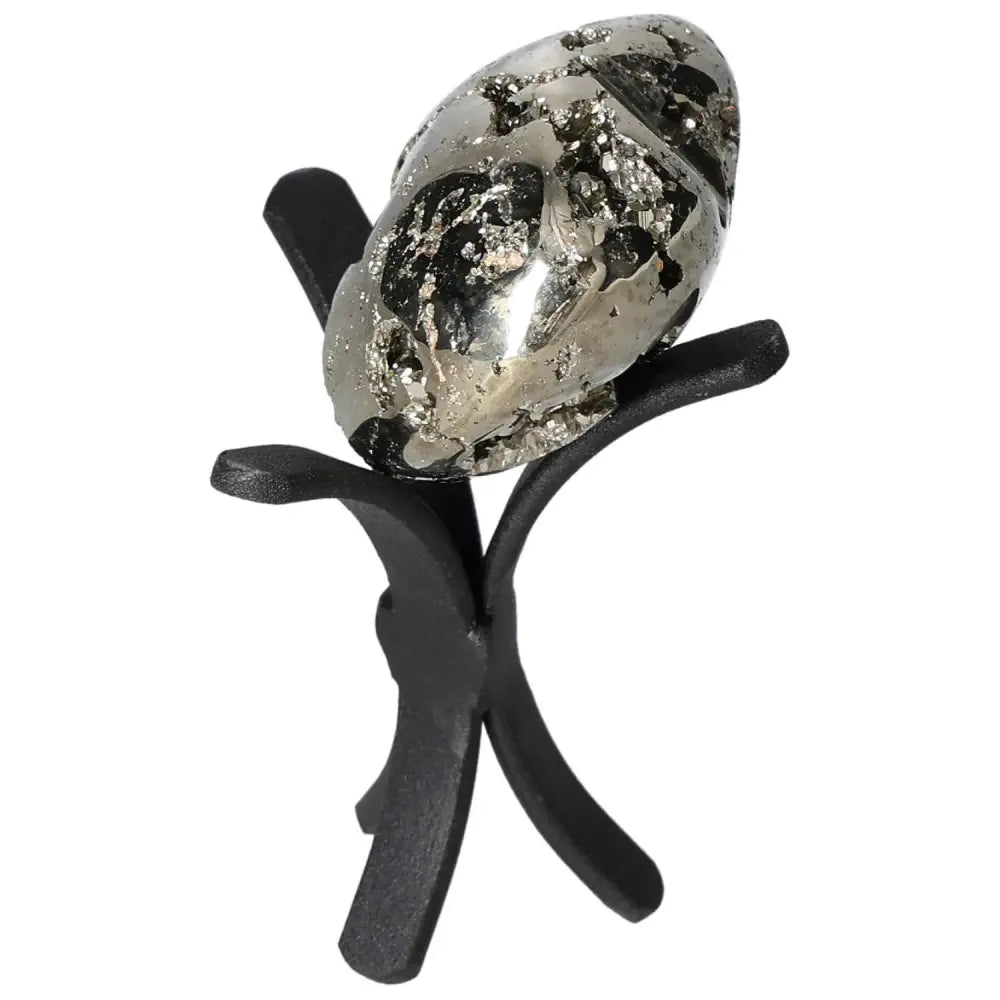 Superior quality pyrite heart cluster with metallic luster, displayed on modern black stand.