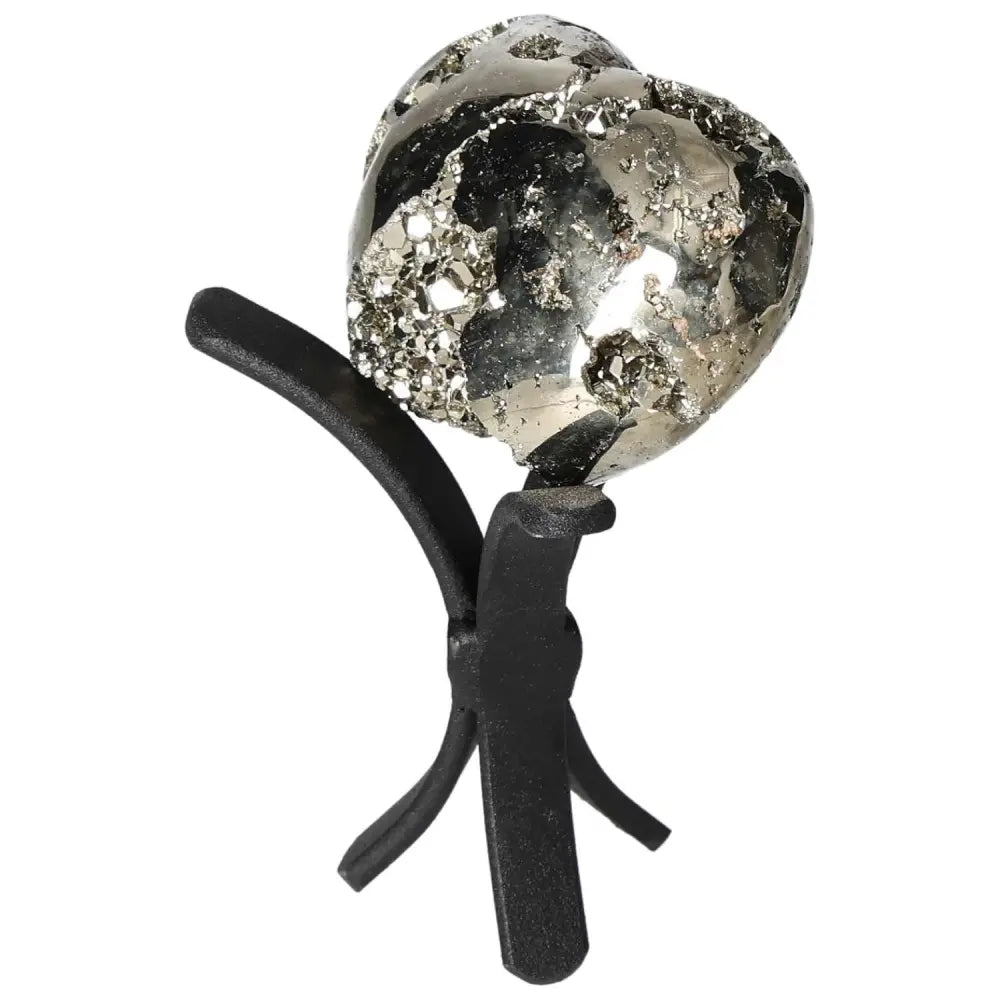 Superior Quality Pyrite Heart with geometric clusters and metallic luster on display stand, showcasing natural elegance and brilliance.