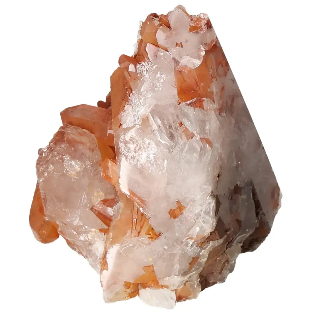 Top Polished Point Quartz Tangerine gemstone with vibrant orange shades, from Sylvia Crystals, symbolizing creativity and vitality.