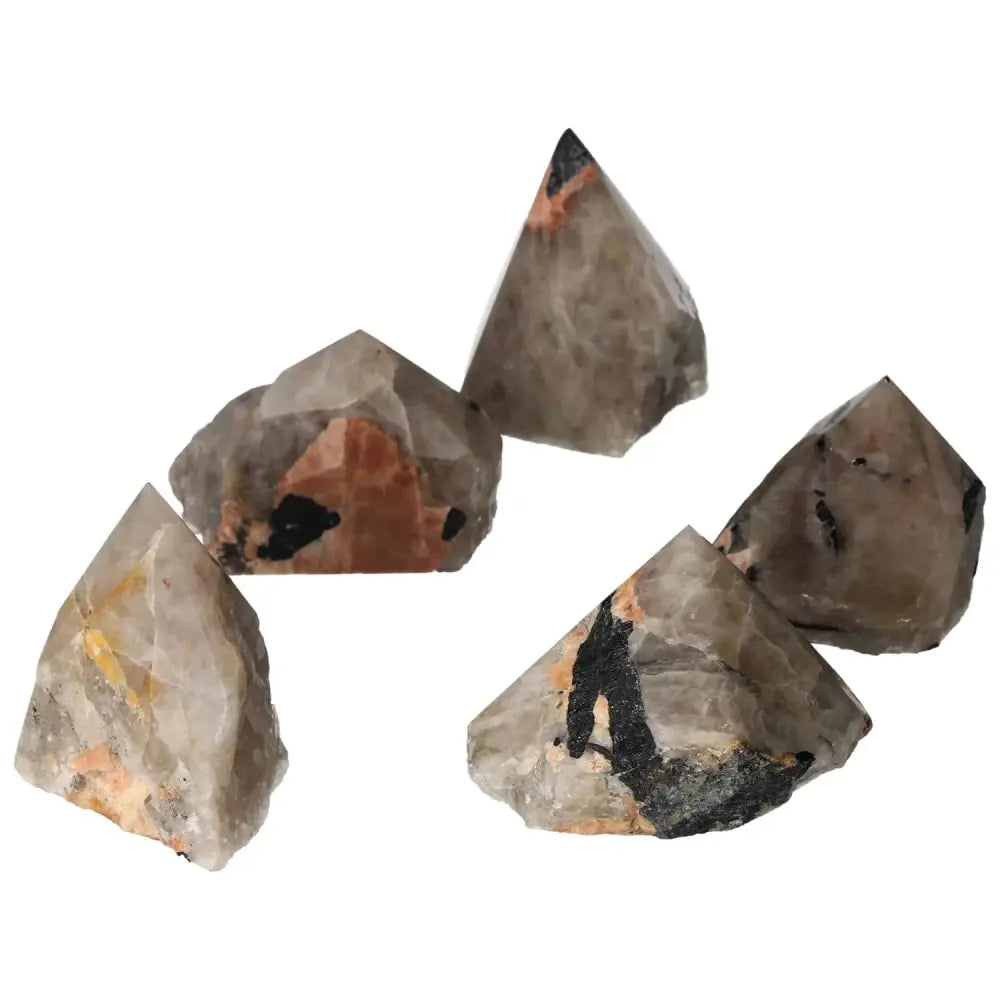 Top Polished Point Quartz with Tourmaline inclusions from Sylvia Crystals, featuring clear quartz and black tourmaline.