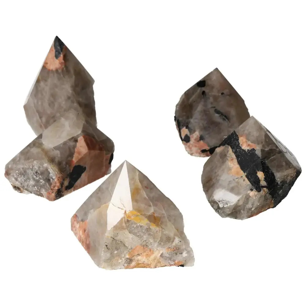 Top Polished Point Quartz with Tourmaline inclusions showcasing elegant and spiritual depth, ideal for energy enthusiasts.
