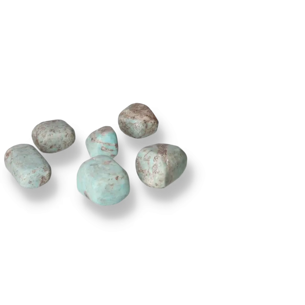 Tumbled Amazonite stones showcasing natural turquoise and green patterns, promoting emotional balance and inner connection.