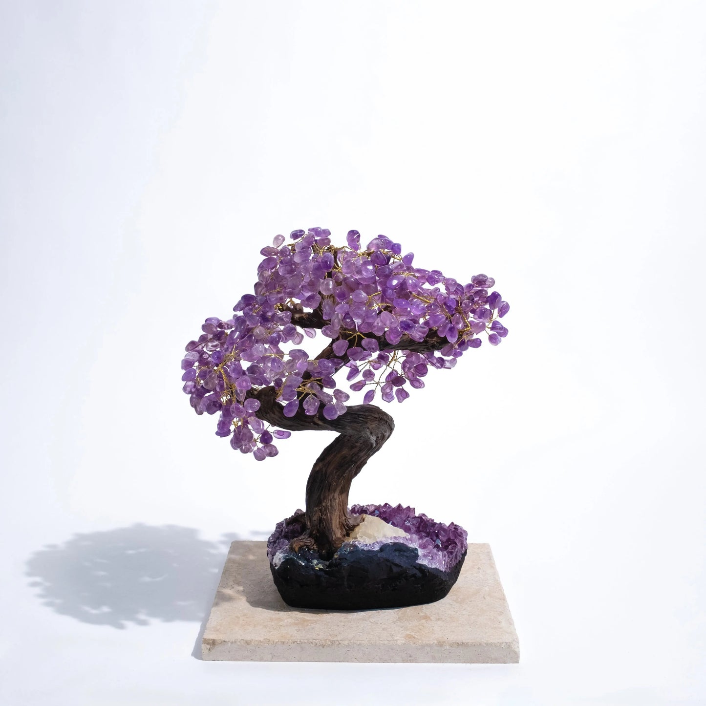 Tumbled Amethyst Crystal Bonsai Tree 55 cm featuring genuine gemstone leaves for calming energy and spiritual harmony.