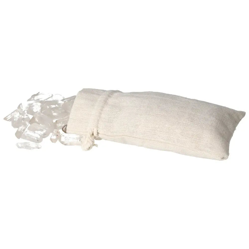 Assorted tumbled clear quartz points with linen pouch, ideal for energy cleansing and harmonizing in spiritual practices.
