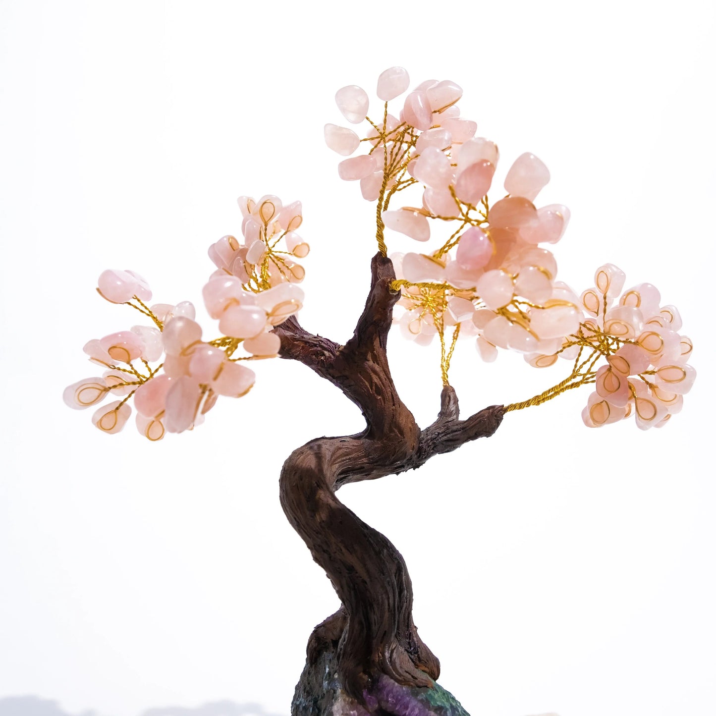 Tumbled Rose Quartz Tree 40cm with pink gemstones, symbolizing positive energy and abundance, elegantly handcrafted for home decor.