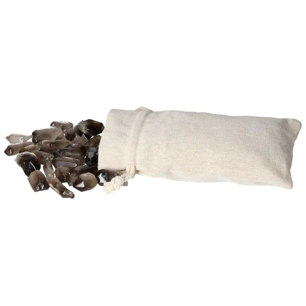 Tumbled Smoky Quartz Crystals in Cotton Pouch, enhancing grounding and practical thinking.