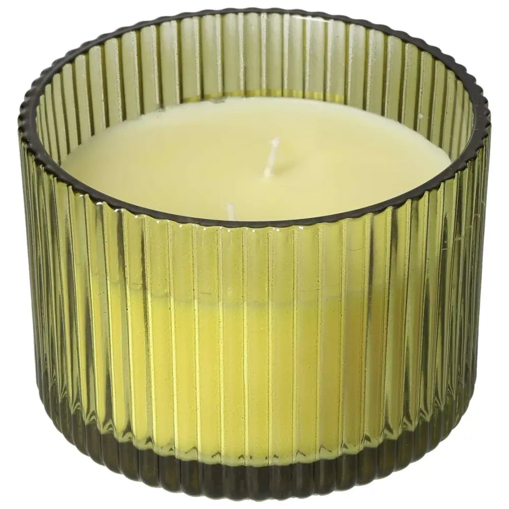 Tuscan Fig Scented Candle in ribbed glass jar, exuding fig aroma with amber, sandalwood, and green notes by Sylvia Crystals.