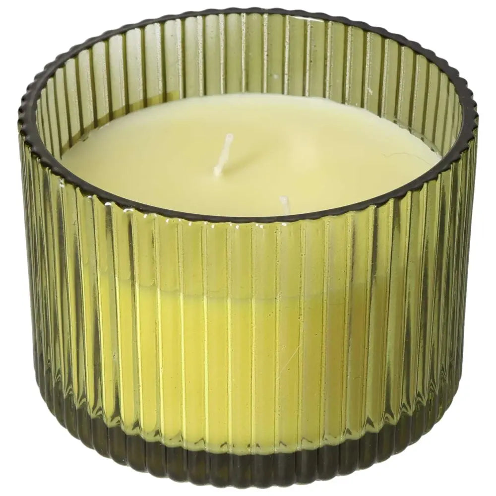 Tuscan Fig Scented Candle by Sylvia Crystals in a textured glass holder; fills your space with fig, amber, sandalwood, and green leaves aromas.
