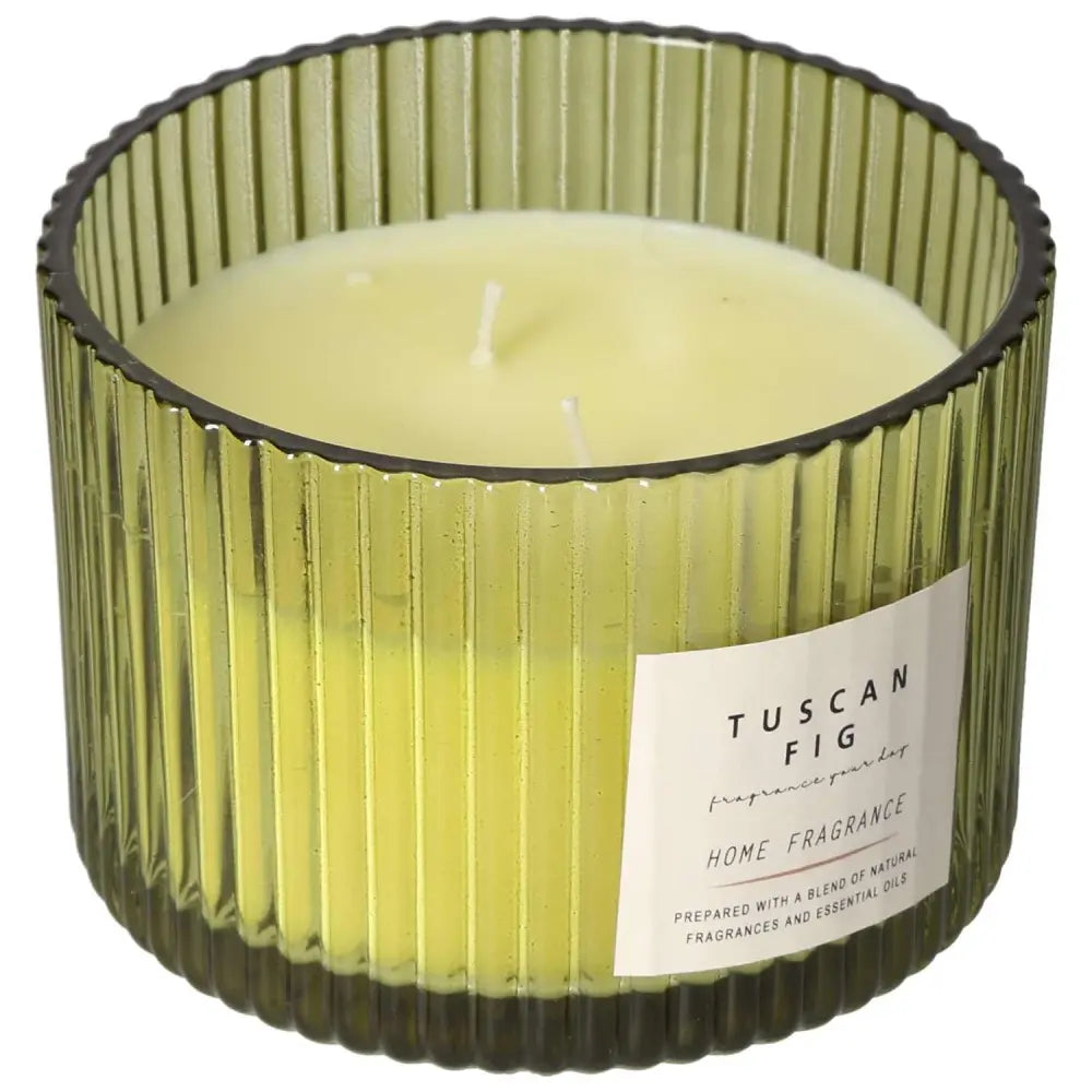 Luxurious Tuscan Fig scented candle in a ribbed glass jar, exuding fig, amber, and sandalwood aromas for a cozy ambiance.