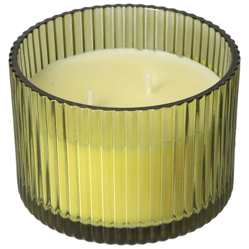 Sylvia Crystals Tuscan Fig Scented Candle in elegant ribbed glass, offering a luxurious aroma blend of figs, amber, and sandalwood.