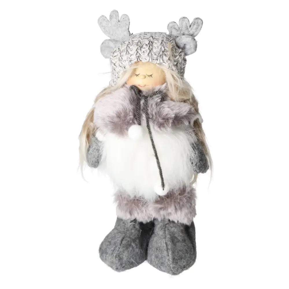 Gray textile winter child doll with knitted hat and fluffy outfit, featuring reindeer antlers and pom-pom details.