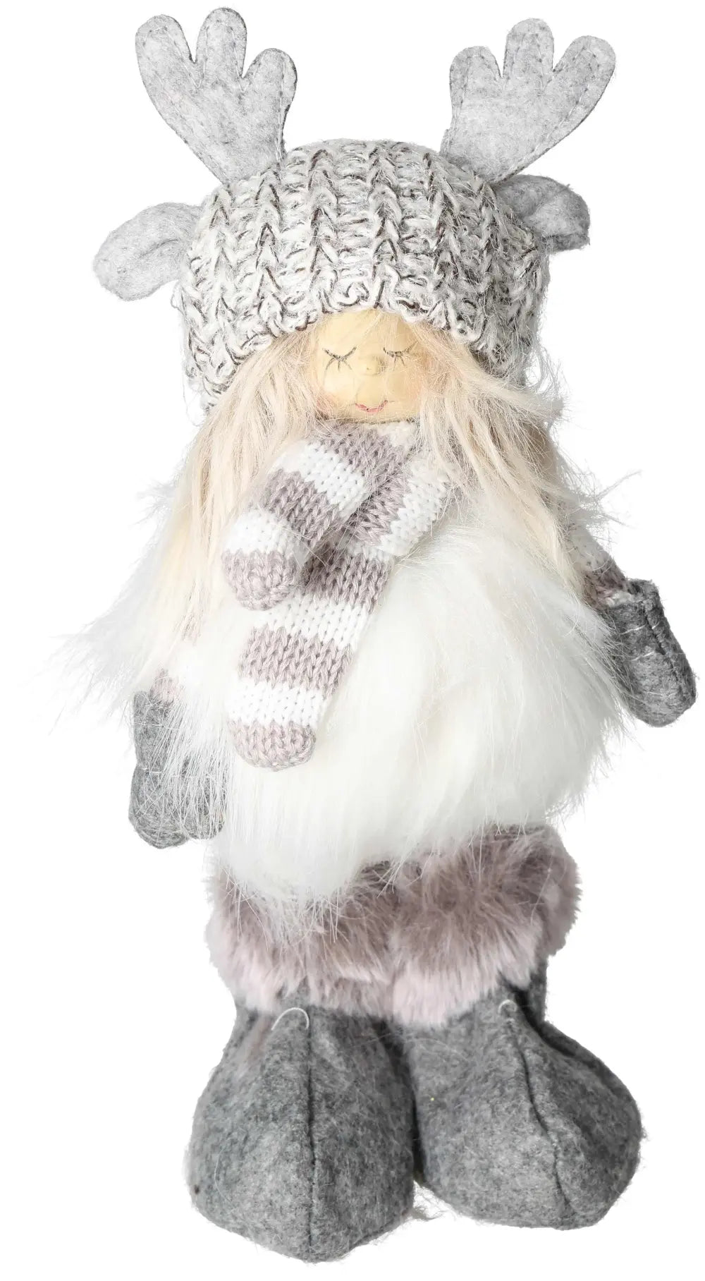 Textile gray winter child figurine with antler hat and scarf, featuring cozy winter attire and plush details, perfect for decor.