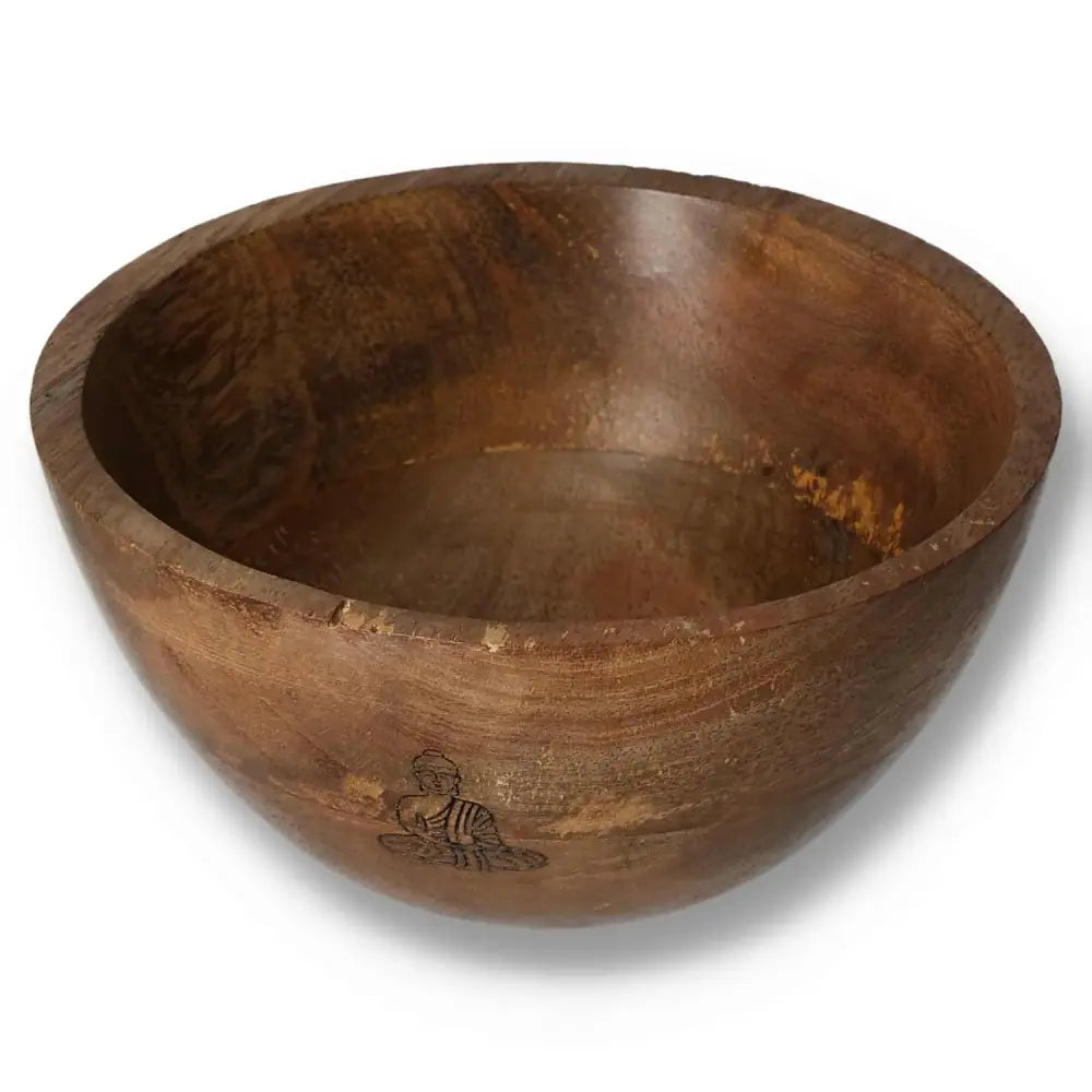 Handcrafted 13x7cm wooden smudge bowl with Buddha engraving for ritual offerings.