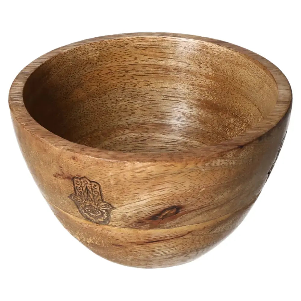 Wooden smudge bowl with Hamsa design, 11x7cm; ideal for rituals and offerings. Natural finish with intricate carving.