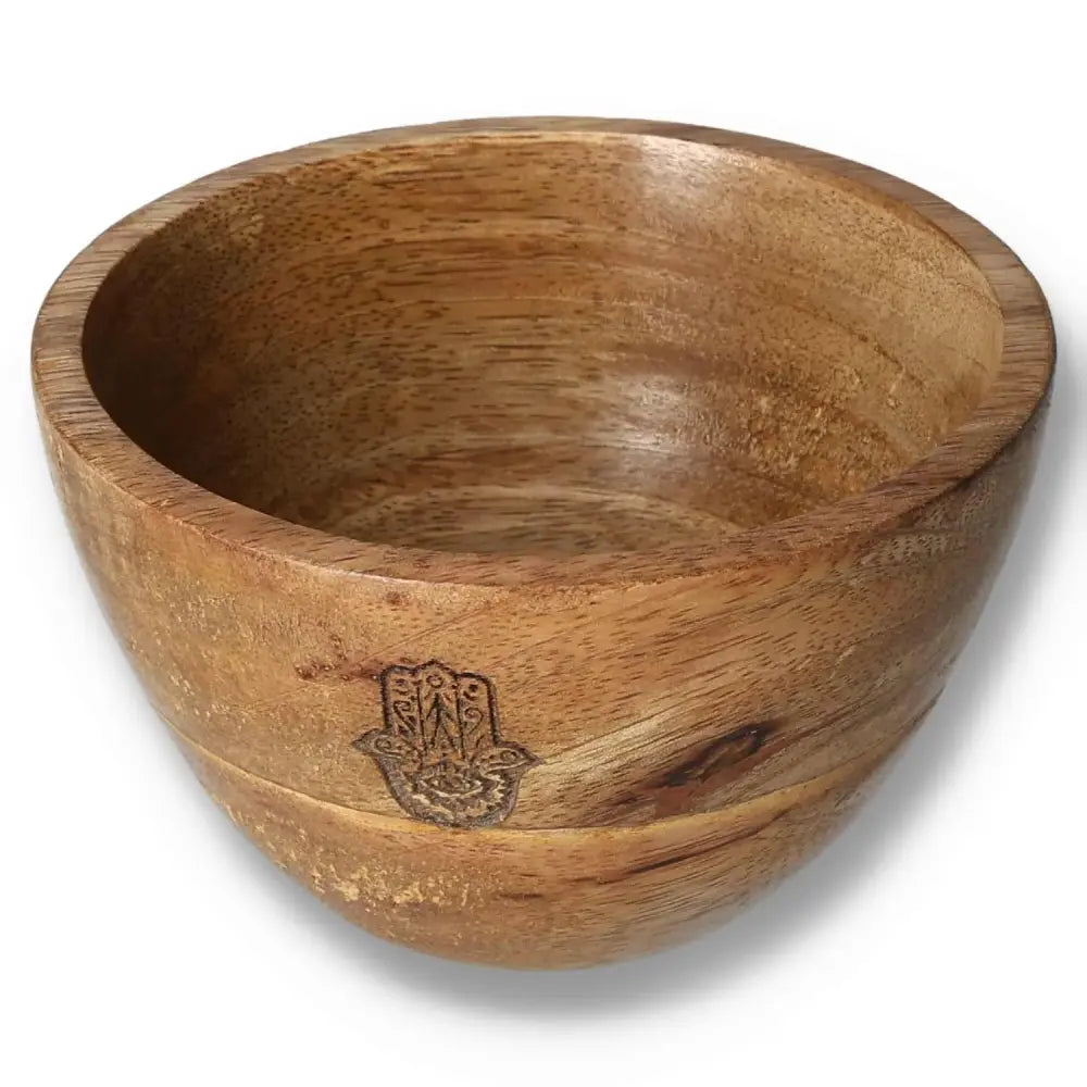 Wooden smudge and ritual offerings bowl with Hamsa design, 11x7cm, handcrafted for spiritual ceremonies.