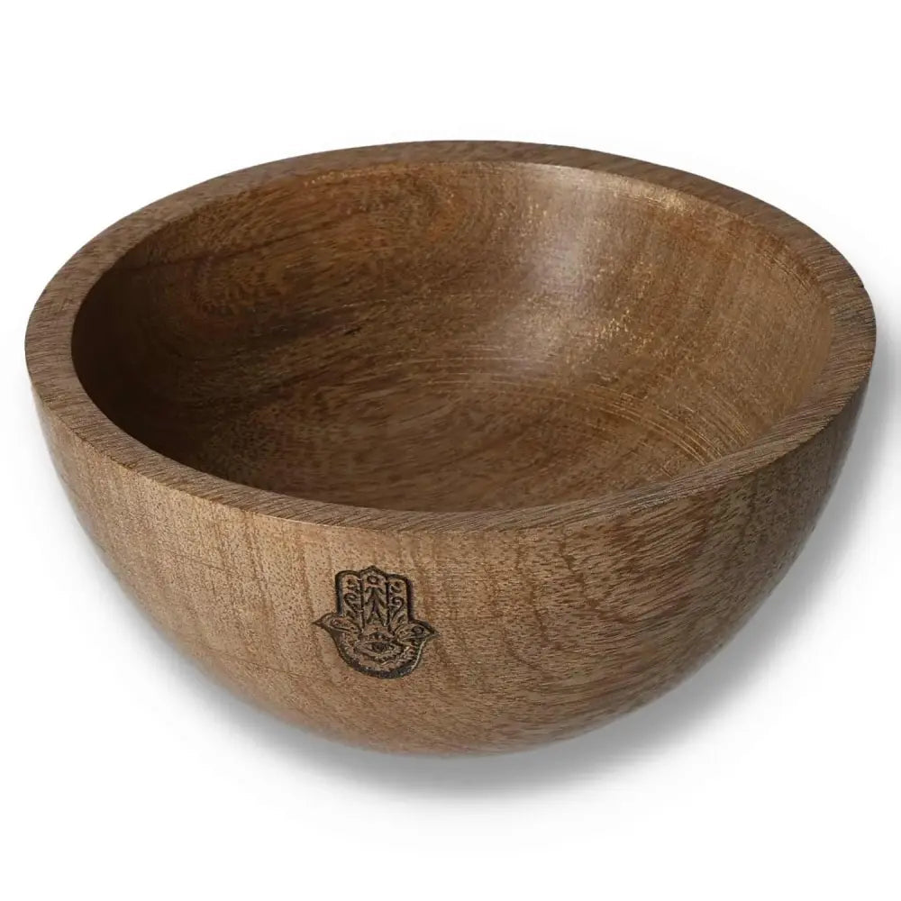 Rustic wooden smudge bowl with Hamsa symbol, 13x7cm, ideal for ritual offerings and spiritual practices.
