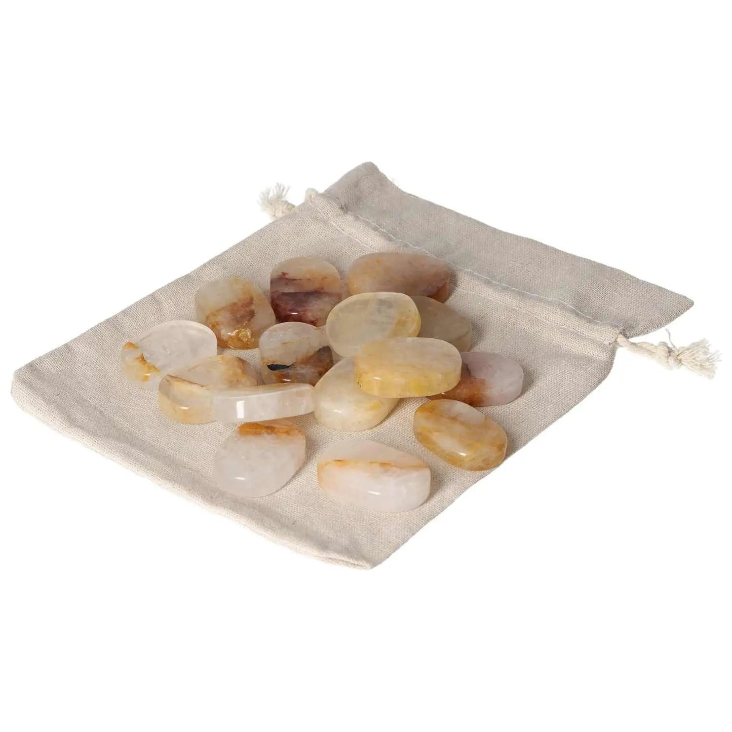 Yellow Hematoide Antistress Thumb Massager stones on fabric pouch for stress relief and grounding from Sylvia Crystals.