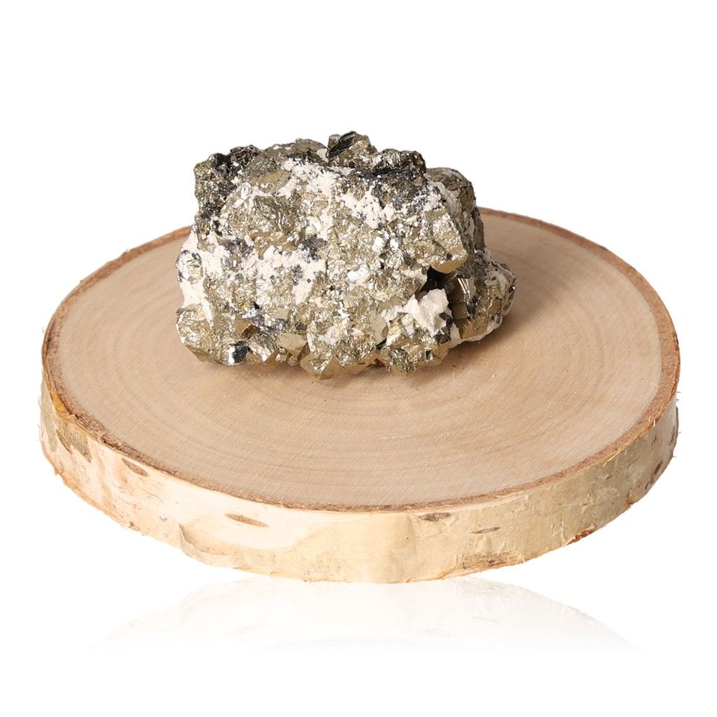 Pyrite druzy displayed on a wooden slab, promotes independence and courage, perfect for new ideas and goal achievement.