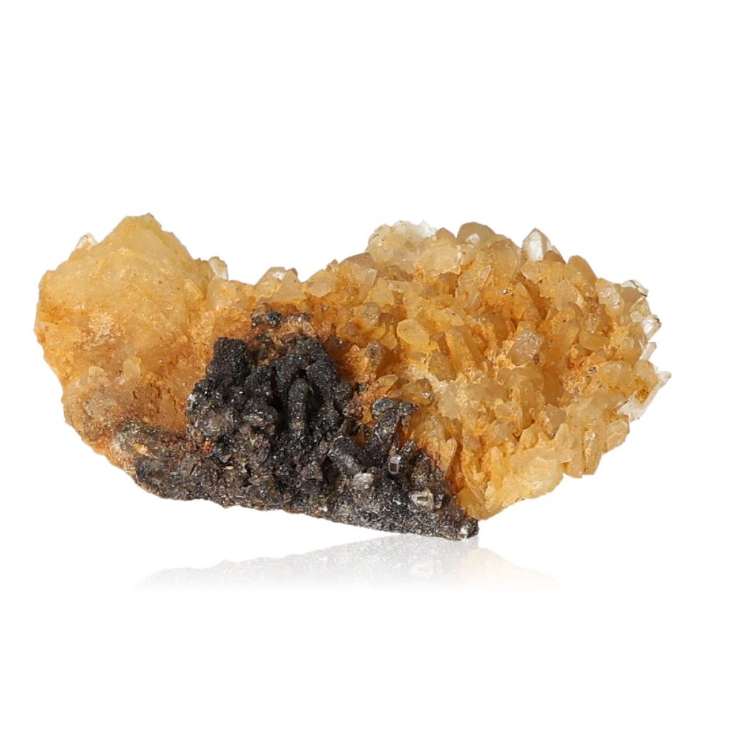 Quartz with Psylomelan and Goethite crystal cluster displaying natural textures and colors.