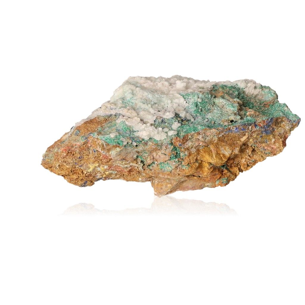 Malachite druzy stone with vibrant green and earthy tones on a white background.