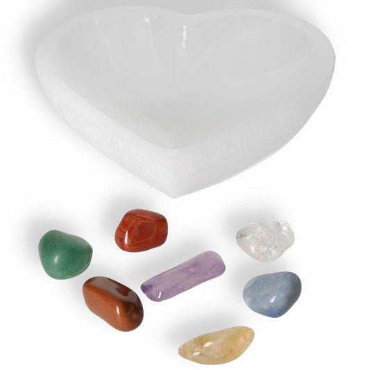 Selenite Heart Bowl 10cm With Chakra Set