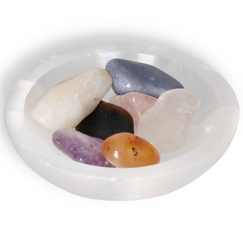 Selenite Bowl 10cm With Chakra Set