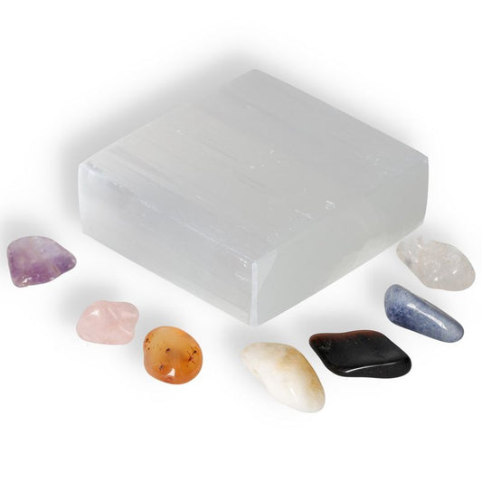 Square Selenite Plate 10cm With Chakra Set