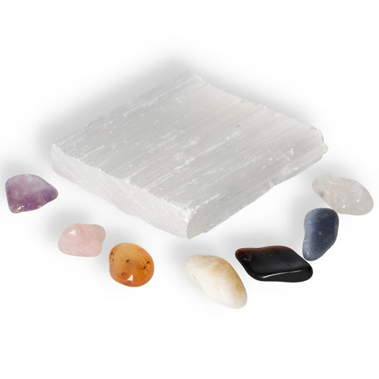 Rough Square Selenite Disk 10cm With Chakra Set