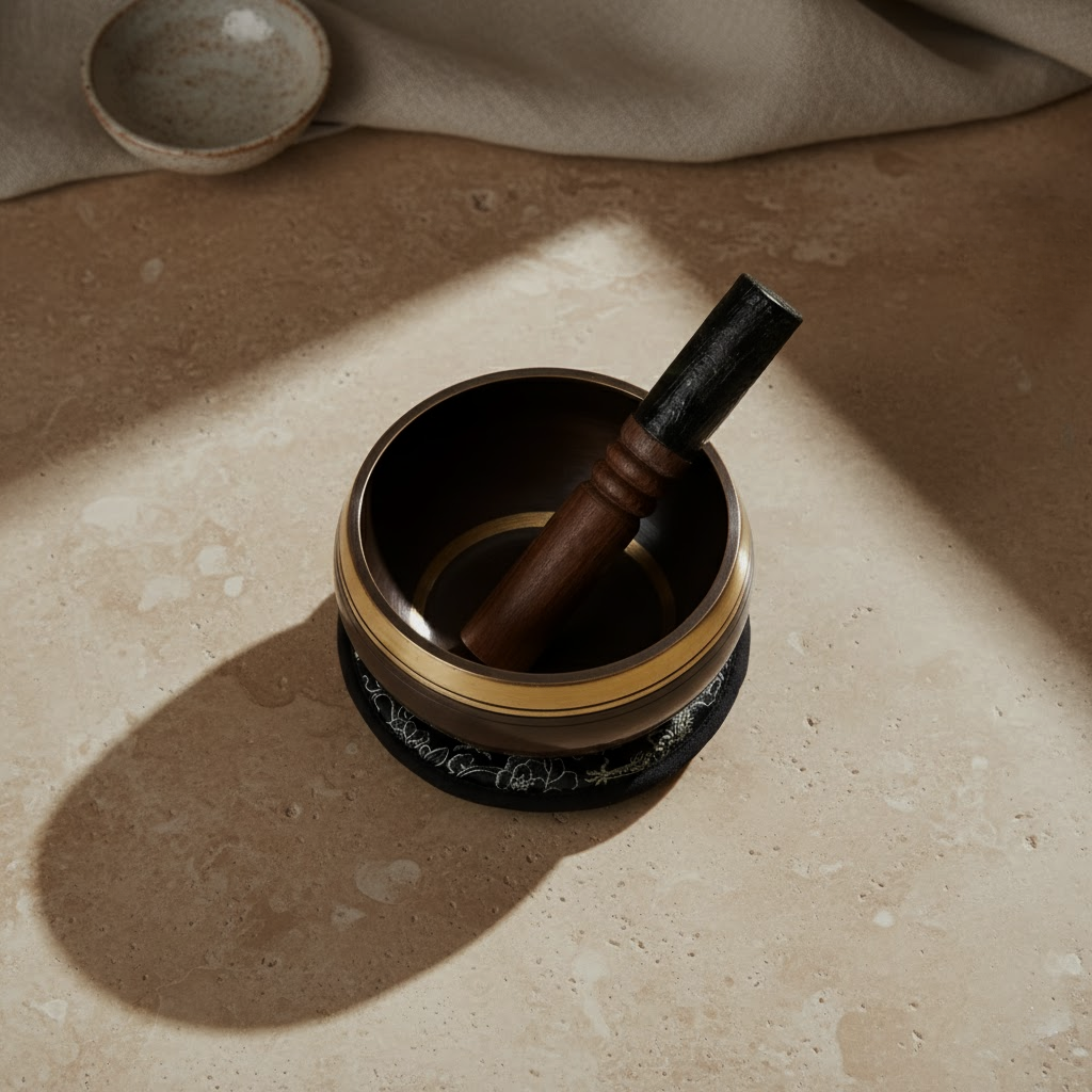 Ręcznie kuty i grawerowany zestaw prezentowy z misą dźwiękową - 14 cm - Lotus