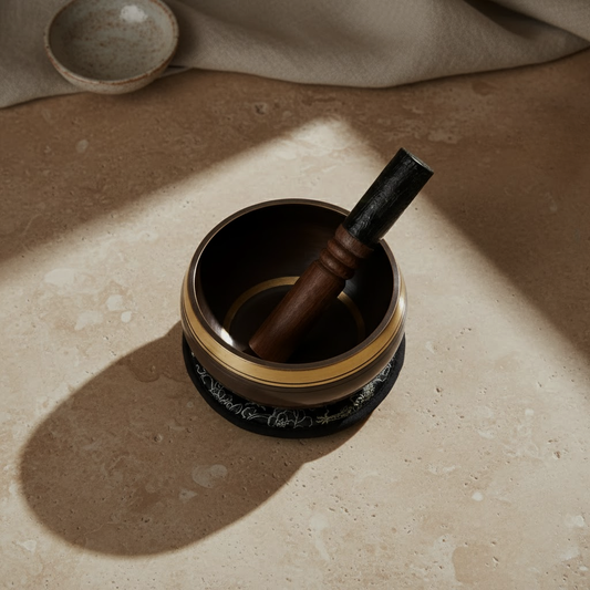 Ręcznie kuty i grawerowany zestaw prezentowy z misą dźwiękową - 14 cm - Lotus