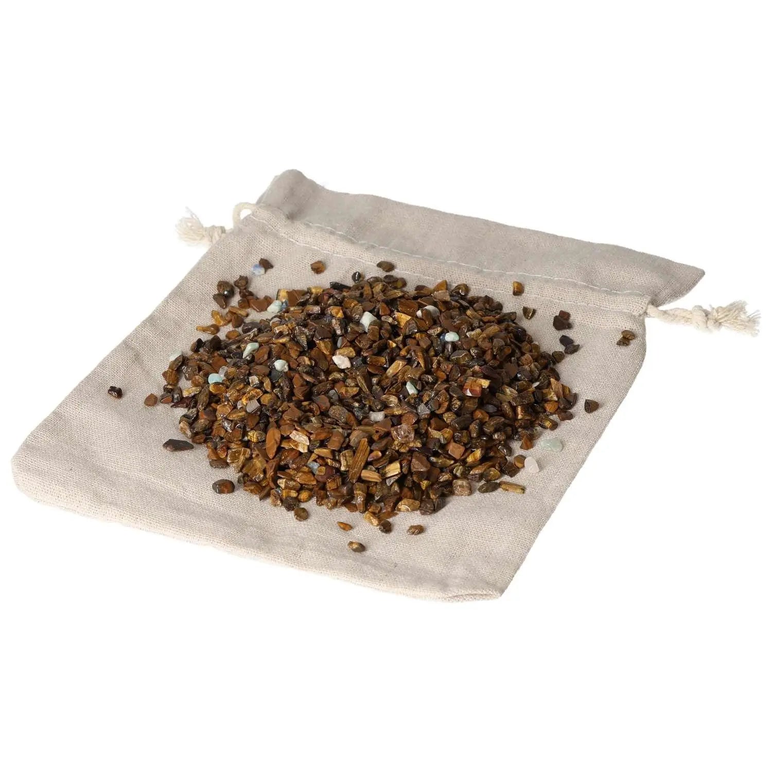 Tiger Eye gemstones, 1kg bag of 5000 pieces, enhancing focus and stability, renowned Sylvia Crystals product.