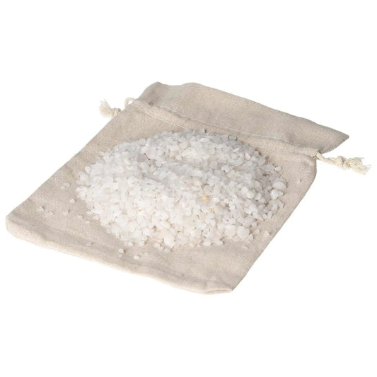 Quartz White 1kg 5000 pcs crystals in a beige pouch, perfect for enhancing spiritual energy and clarity.