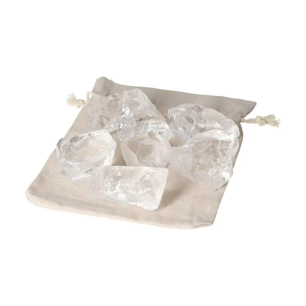 Quartz Clear crystals from Sylvia Crystals displayed on a cloth pouch, showcasing elegance and powerful cleansing properties.