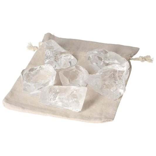 Clear quartz crystals on cloth bag, 1kg set from Sylvia Crystals for energy purification and harmony.