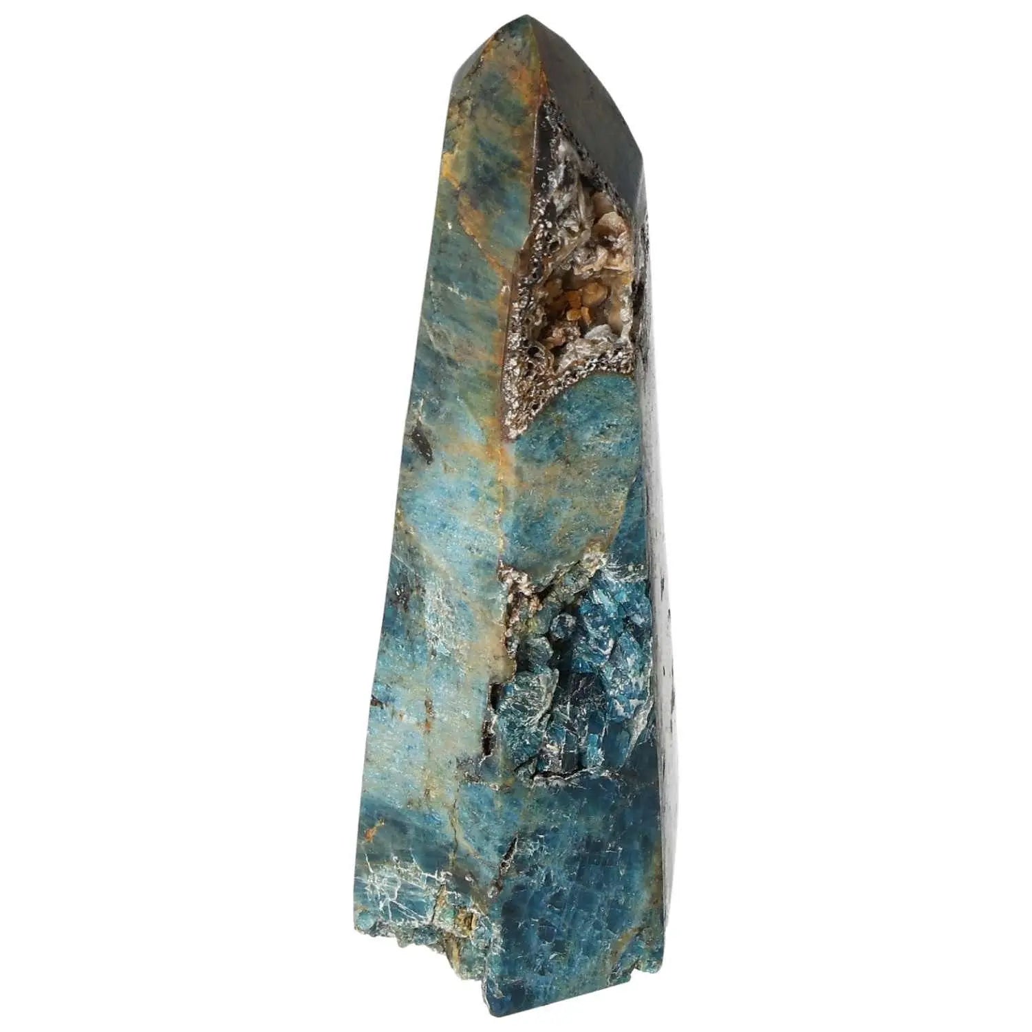 Apatite Obelisk by Sylvia Crystals, showcasing luxury and spiritual wellness with a stunning blend of blues and earthy textures.